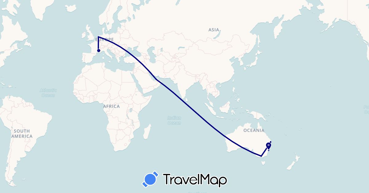 TravelMap itinerary: driving in United Arab Emirates, Australia, France, Netherlands (Asia, Europe, Oceania)